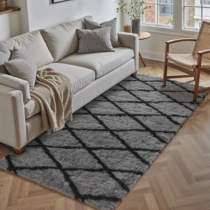 PureCozy 2x6 Checkered Rug Grey and White Modern Soft Area Rug Fluffy Non-Slip Carpet for Bedroom Living Room Playroom Home Aesthetic Decor