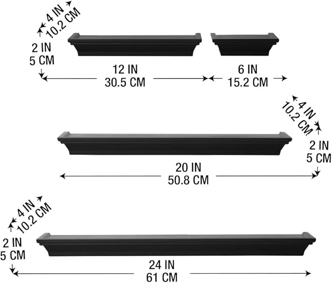 MELANNCO Floating Wall Shelves for Bedroom, Living Room, Bathroom, Kitchen, Nursery, Set of 4, Black, 4 Count