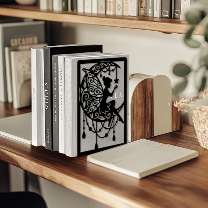 Peacoblue Metal Bookends for Shelves, Modern Decorative Heavy Duty Study Book Ends Stoppers for Office, Desk, Shelf, Room 5.3"x4.3"x7.9" Cast Iron Simple Tall Bookends 1 Pair (Moon and Fairy)