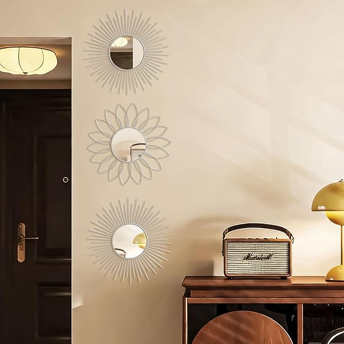 3 Pack Metal Mirrors for Wall Sunburst Wall Mirrors Home Décor Decorative Hanging Wall Art for Living Room Bedroom Entryway (White, Flower+Sunburst)