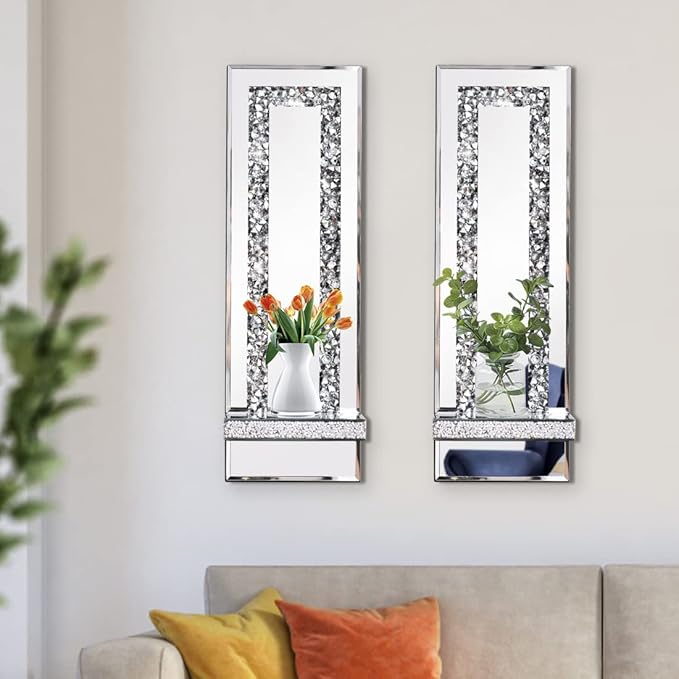 Aeveco Crystal Crush Diamond Mirrored Candle Sconces, Silver Wall Candle holder set of 2, Wall decorations for Living Room，Dining Room (Rectangle Stripe (style 4))