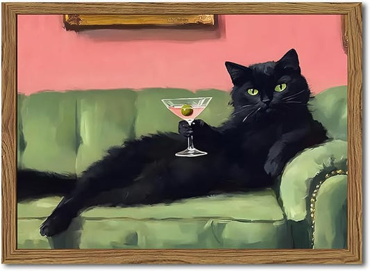 Funny Black Cat Martini Wall Art, Bar Cart Decor, Eclectic Cocktail Painting Canvas Print, Cute Animal Artwork Picture for Bedroom Living Room Kitchen 16x24 inch Wood Framed