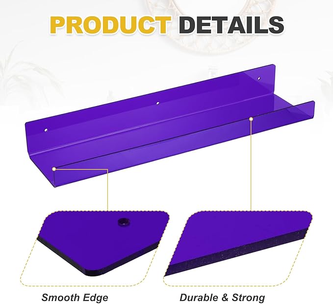 MECCANIXITY 2 Pack Acrylic Shelves for Wall, 15 Inch Purple Floating Shelves Wall Mount Display Shelf Organizer for Bathroom, Bedroom, Living Room, Room Decor