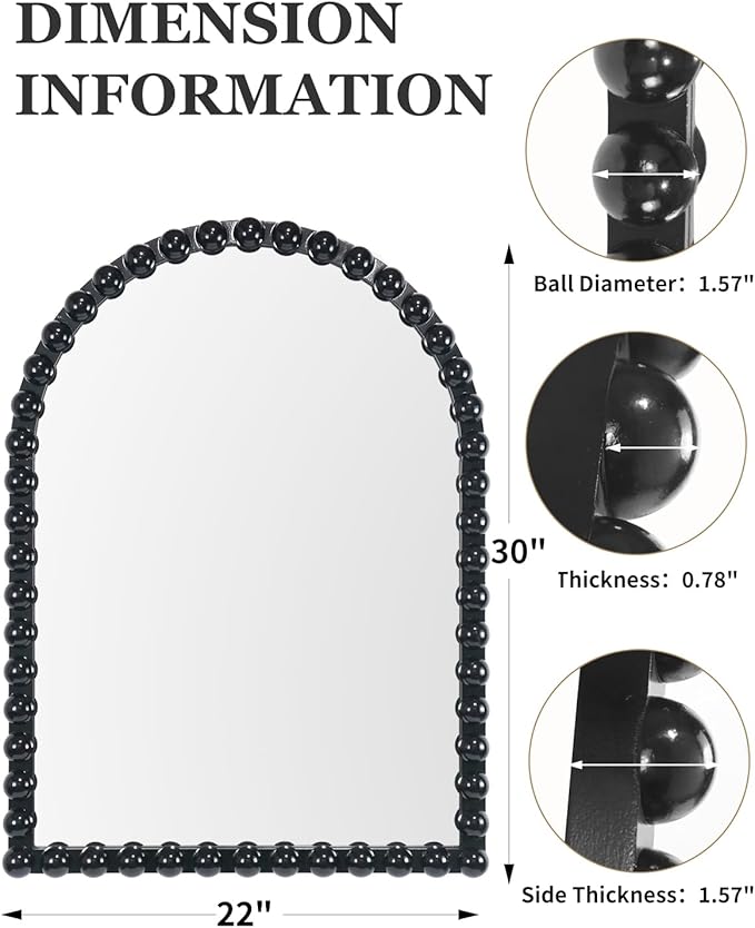 Black Beaded Arched Wall Mirror 22x30 Inch, Vintage Decorative Arch Mirror with Beaded Frame, Accent Mirror for Entryway, Bathroom, Living Room, Bedroom, Fireplace