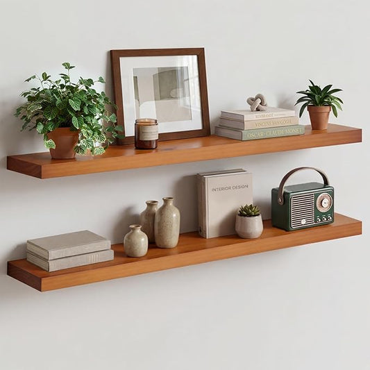 Homeforia Oak Floating Shelves 42 inch Long, High End Solid Real Wood 42inch Floating Shelves for Wall Mounted, Honey Oak Wooden 42in Floating Shelf, Heavy Duty Bracket, 42 X 6.5 X 1.75 in, Set of 3