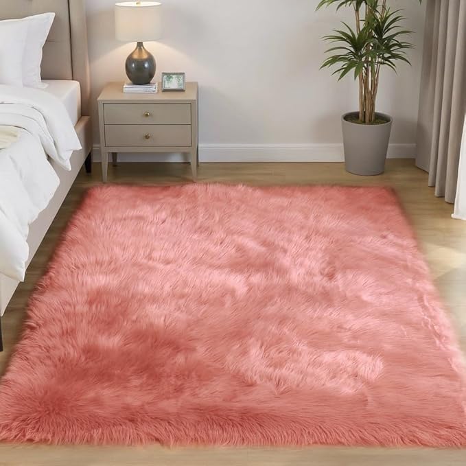 Goolela Pink Area Rug 5x7 Fluffy Fuzzy Furry Rug for Girls Bedroom Living Room Faux Sheepskin Fur Shaggy Plush Washable Rectangle