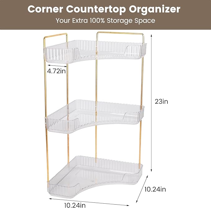 90 Degree Corner Shelf Organizer, 3 Tier Bathroom Countertop Storage Rack, Space Saving Desktop Organizer for Makeup, Skincare, Perfumes, Kitchen Pantry, Transparent 3 Layer Display Shelf