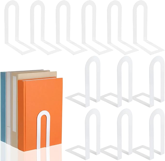 Chunful 12 Pcs White Metal Book Ends for Shelves Modern Bookends Decorative Small Bookends Shelf Organizer Minimalist Design Stopper to Hold Books for Home Office (5.5 * 3.75 * 2.25inch)