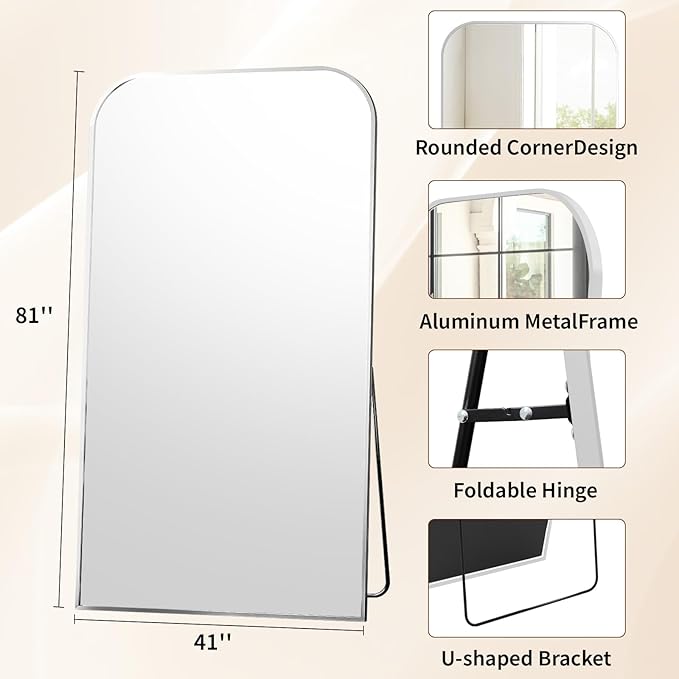 Full Length Mirror 81"x41" Arched Floor Standing Large Mirrors Full Body Mirror with Stand - with Aluminum Frame for Bedroom Living Room, Silver