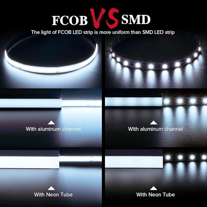 BTF-LIGHTING FCOB COB LED Strip Flexible High Density Uniform Light 9W/m 16.4FT DC12V Daylight White 6000K CRI 90+ 8mm Width Dimmable LED Ribbon for Indoor Decor(No Adapter or Controller)