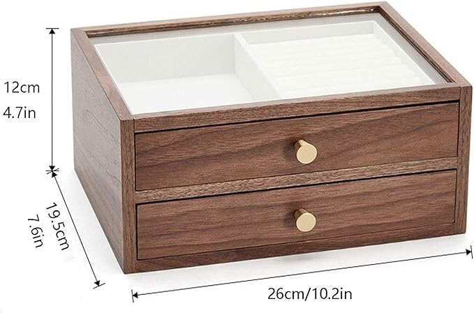 VSULZVNU Makeup Organizers Jewelry Box Jewelry Organizer Box Two-Layer Jewelry Case for Women Wood Display Case with Glass Ring Tray Vintage Style Walnut Jewelry Case