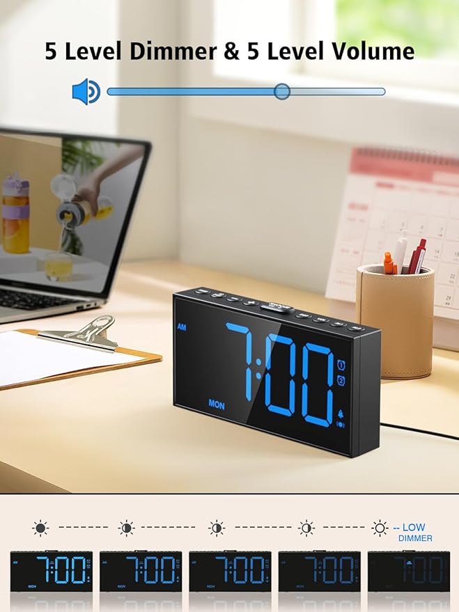 Vibrating Alarm Clock for Heavy Sleepers – Loud Bed Shaker, Dual Alarms with Weekday/Weekend Mode, 3 Vibration Levels, 5-Volume & Dimmer, Large Display, USB + Battery Backup – Deaf & Hearing-Impaired