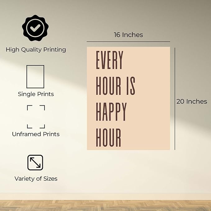 InkFlow Posters Every Hour Happy Hour Poster - Minimal Typography Quote Design - Neutral Beige Modern Print - Kitchen Bar Wall Decor - Contemporary Home Artwork - 16x20 Unframed Canvas Print