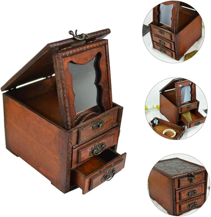 Cabilock Chinese Style Wooden Jewelry Box with Mirror Dust Jewelry Storage Holder for Rings Necklaces Earrings Practical Makeup Organizer Elegant Women