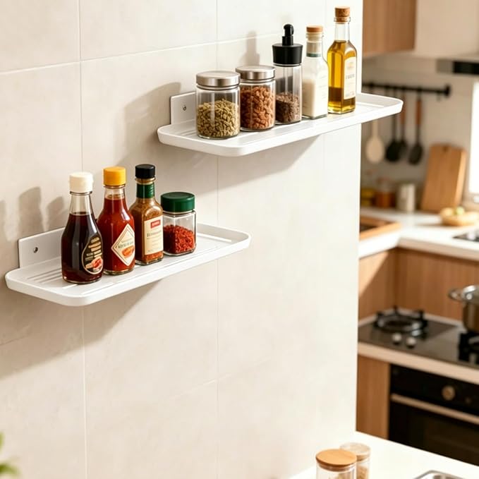 Wall Mounted Floating Shelf, Self Adhesive Shelf, No Drill Adhesive Wall Shelf, Floating Shelves Damage-Free Expand Walls Space for Living Room Kitchen Bathroom (2, White)