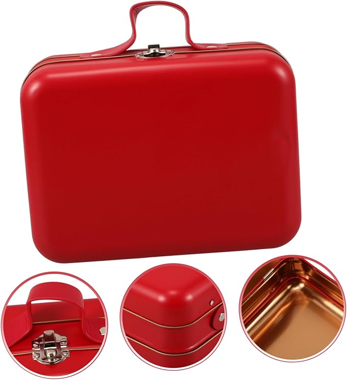UKCOCO Vintage Mini Suitcase Storage Box with Handle Multipurpose Organizer for Makeup Electronics Tools Portable Red Tinplate Case for Travel Home and Party Decoration
