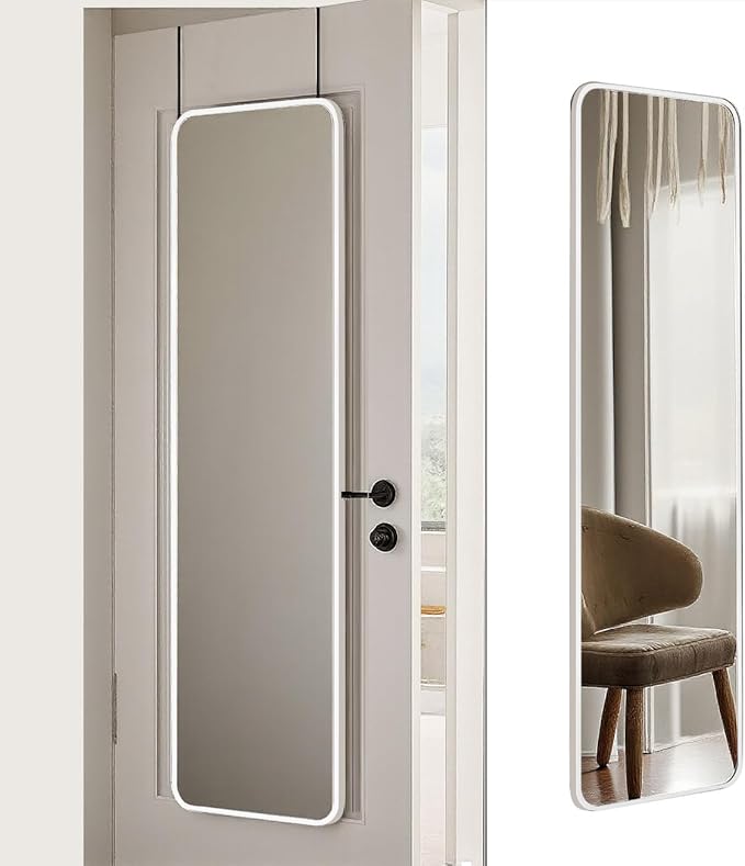 DMWOODFL 48"x14" Rounded Rectangle Over The Door Mirror - Full Length Tempered Glass & Aluminum Frame, No Drill Installation for Bedroom, Bathroom, Closet, Entryway (Silver White)