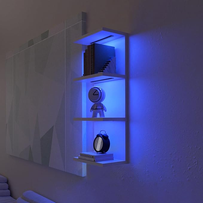 VIWODS 4-Tier Wall Shelf Unit with RGB Lights, Floating Lack Shelf for Home Decor, Wall Mounted Vertical Display Shelf for Bedroom Living Room Vanity, White