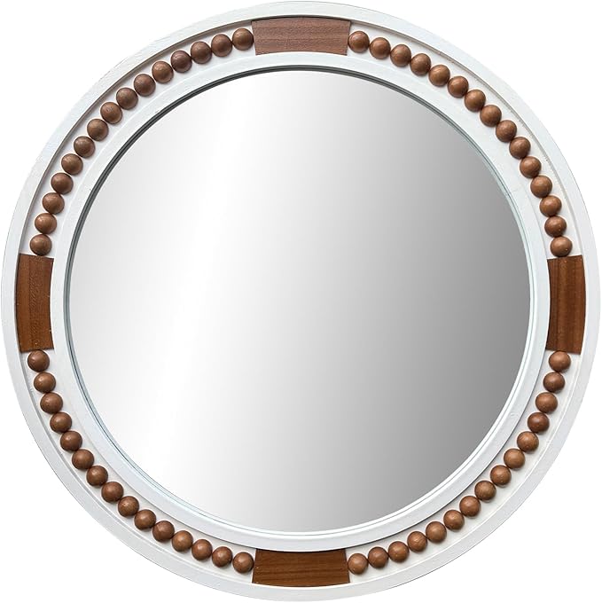 HQiJun 32 Inch Round Boho Wall Mirror, Large Rustic Coastal Wall Decor with White Wood Frame and Brown Bead Accents,Farmhouse Decorative Mirror for Entryway, Bedroom, Living Room