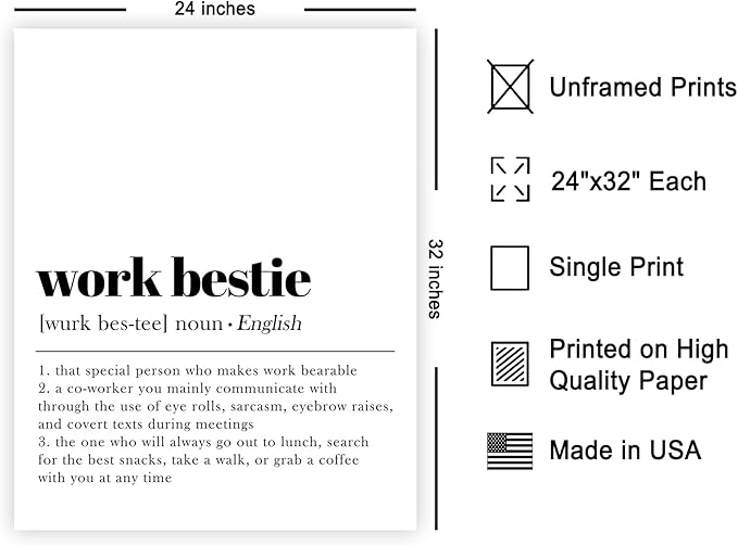 Poster Master Typography Poster - Dictionary Print - Work Bestie Definition, Special Person Who Makes Work Bearable - Gift for Colleague, Friend - Wall Decor for Home, Office, 24x32 Unframed Wall Art