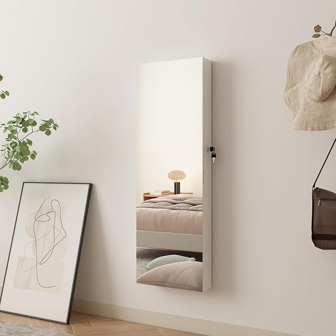LED Jewelry Cabinet Armoire Organizer,Wall/Door Mount Jewelry Organizer and Storage with Full-Length Mirror Hanging Jewelry Organizer Full Length Mirror with Storage Large Capacity White