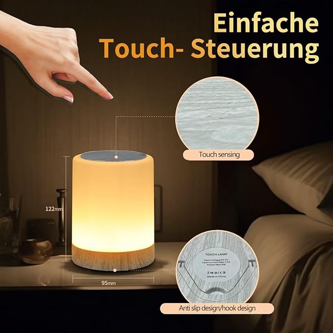 OORUN Touch Bedside Table Lamp,13 RGB Colors & 5 Brightness, USB Rechargeable Desk Lamp, Remote Control Dimmable Light with RGB Color Changing,Portable Lamp for Baby (Wood Grain Beige)