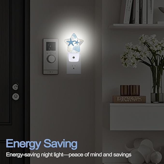 Ocean Starfish Coral Night Light,Coastal Beach Plug-in Star Night Lights with Dusk-to-Dawn Sensor for Bedroom,Bathroom,Living Room Sleep Friendly Lamp for Women Girls Boys Gift,0.5W