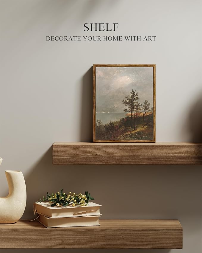 InSimSea Framed Canvas Wall Art, Vintage Lakeside Landscape Painting, Rustic Nature Scenery Decor for Living Room Shelf Hallway,10x8in, Neutral Tones