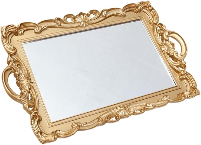 OSALADI Vintage Mirror Vanity Tray for Perfume and Jewelry, Decorative Makeup Organizer Tray for Dresser, Glass Plate for Bedroom and Bathroom Use