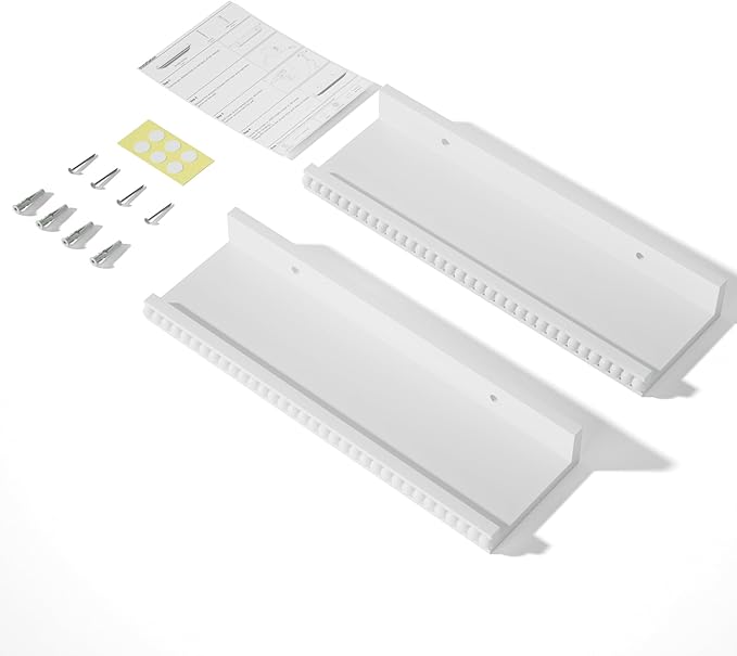 Alsonerbay White Floating Shelves Wall Mounted Set of 2, 15.7 Inch Modern White Shelves with Lip, Wood Wall Shelves with Wooden Beads for Bathroom Bedroom Living Room Nursery and More