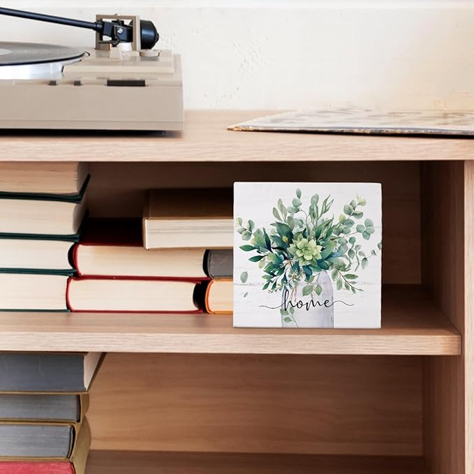 Sage Green Eucalyptus Leaves Wooden Box Sign Decor, Home Sign Shelf Decoration, Rustic Spring Botanical Wooden Block Decor for Home Farmhouse Shelf Tiered Tray Decoration 5x5