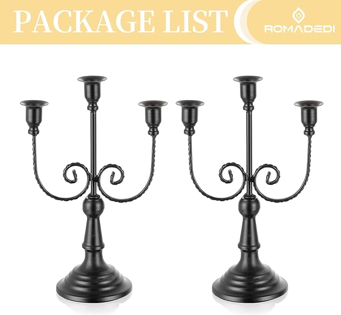 Romadedi Candelabra Black Candle Holders: 3 Arm Halloween Candlestick Holder 11.8" Gothic Home Decor for Party Table Centrepiece Mantel Christmas, Set of 2