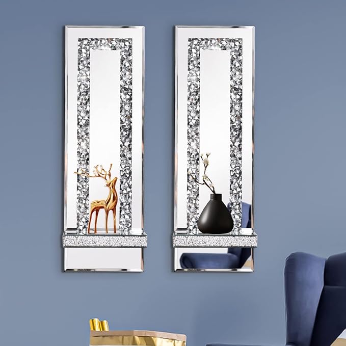 Aeveco Crystal Crush Diamond Mirrored Candle Sconces, Silver Wall Candle holder set of 2, Wall decorations for Living Room，Dining Room (Rectangle Stripe (style 4))