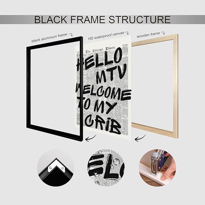 Hello MTV Welcome To My Crib Quote Poster, Vintage Black White Newspaper Canvas Wall Art, Trendy Typography Print Picture, Charming Positive Dorm Bedroom Wall Decor 24x36in Framed