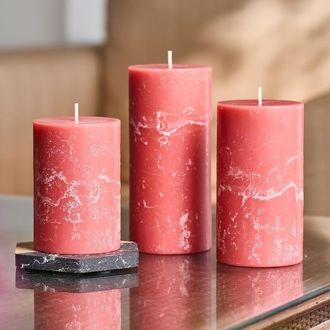 Pink Scented Pillar Candles Set of 3, 3x4, 3x5, 3x6 Pink Candles, Peony Rose Pilar Scented Candle, Ideal as Wedding, Parties, Spa, Dinner, Home Decor, Church