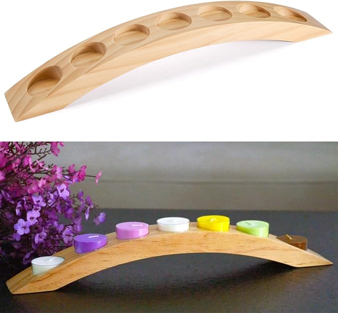 Wooden Tea Light Candle Holder Bar, Bridge Candle Holder Tray - 7 Holes - Natural Wood Color