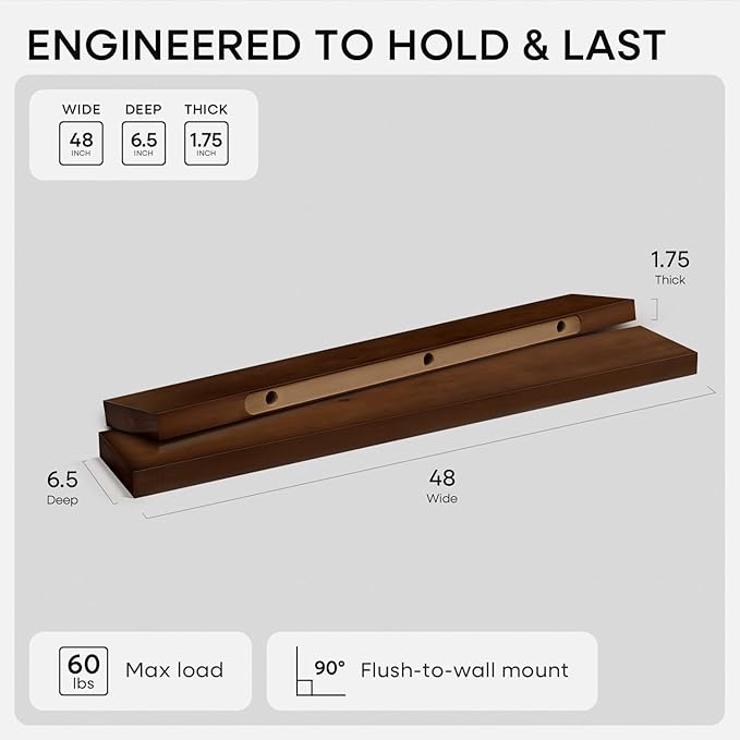 Homeforia 48 inch Walnut Floating Shelf, High End Solid Real Wood Large 48inch Floating Shelves for Wall, Dark Brown 48 inches Long Floating Shelves, Heavy Duty Bracket, 48 X 6.5 X 1.75 inch, Set of 2