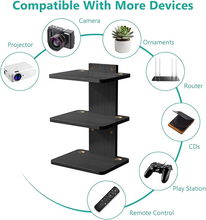 WALI Floating TV Shelf, 3 Tier Projector Shelf for DVD Players, Routers, Game Consoles, Cable Boxes, Living Room Decor Accessories, Wall Mount Shelves Holds Up to 22lbs (CS303NB), 3-Shelf, Black