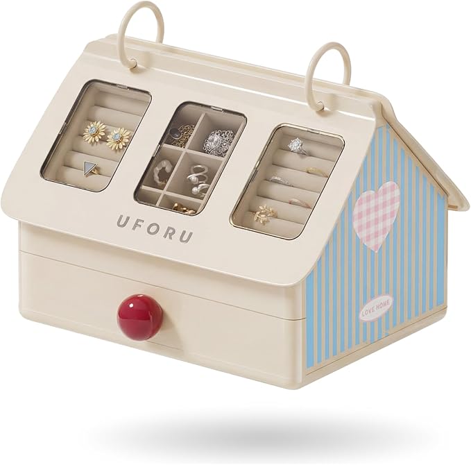 Cute Jewelry Box Organizer for Women Girls, Large House-Shaped Display Case with Clear Lid, 3-Layer Velvet Storage for Earrings Rings Necklaces, Aesthetic Room Decor Gift (Vanilla Cream)