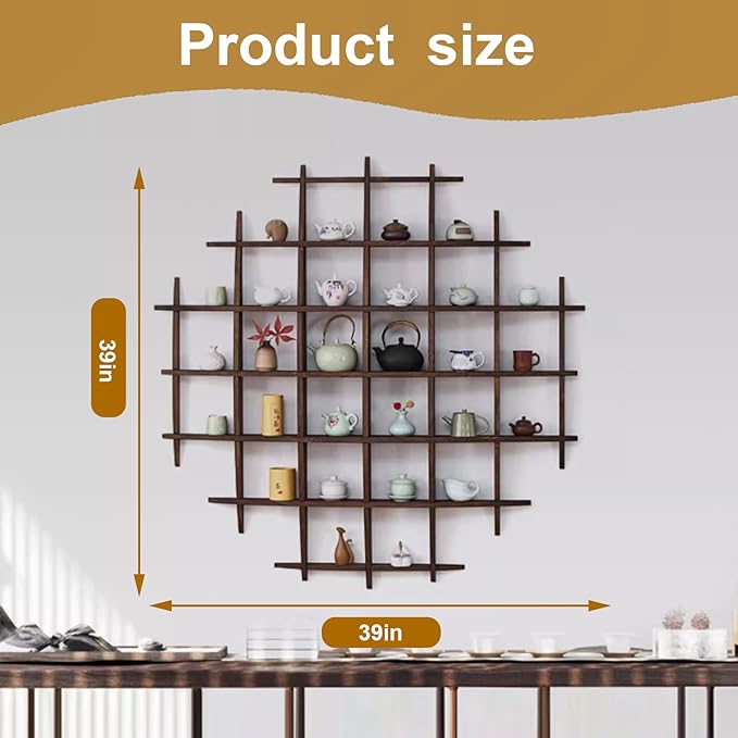 Solid Wood Chinese Tea Cup Holder, Wall Mounted Teapot Display Stand, Wall Decoration Teaware Shelf Storage Rack for Living Room Kitchen Office Commercial (Dark Walnut Color, 39x39'')