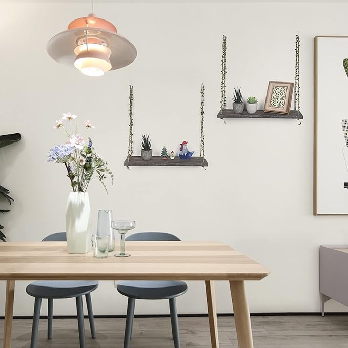 MITIME Hanging Shelves for Indoor Wall and Window - Floating Wall Shelves for Plant Display, Boho Style Home Decor.(Leaf Rope, Retro Color,Large*2)