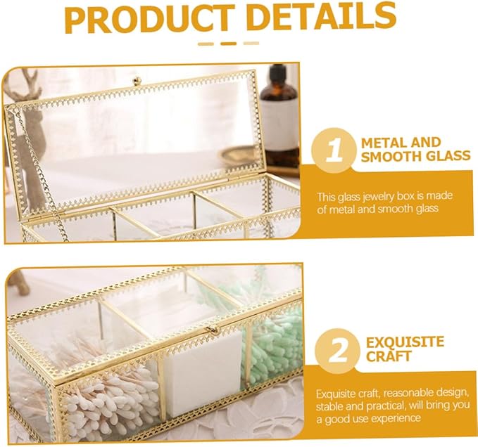 FRCOLOR Jewelry Organizer Box with Glass Lid and Gold Metal Frame Compartment Makeup Organizer Case for Rings Earrings Necklaces Dustproof Decorative Storage for Vanity Desk and Bathroom
