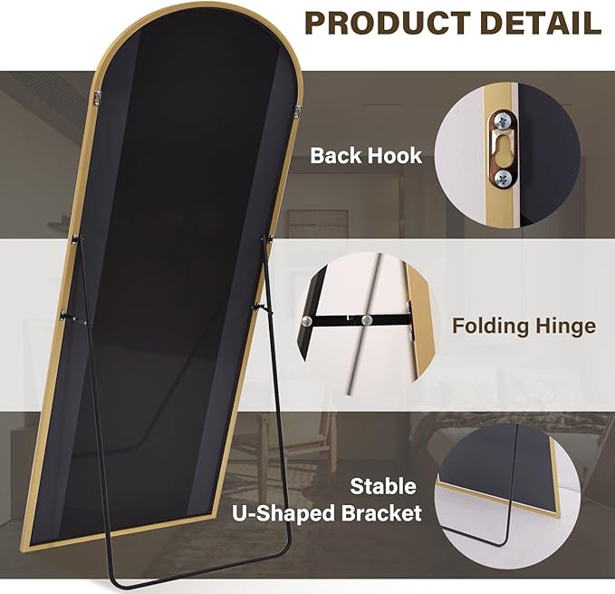 XRAMFY 86"x40" Arched Full Length Mirror Floor Mirrors with Aluminum Alloy Frame Free-Standing Wall Mounted Floor Mirrors or Large Dressing Mirror, Gold Mirror Full Length