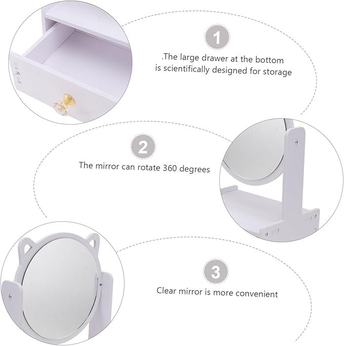 Desktop Makeup Mirror with Storage Drawer Cat Ears Design for Home and Office Use Durable Material Stylish Vanity Organizer for Cosmetics and Accessories