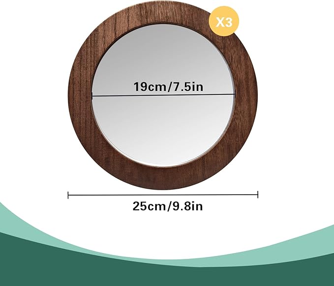 3 PCS Wall Mirrors Decorative, 8 Inch Small Round Rustic Wood Mirror Decorative Wall Mirror for Home Door Living Room Bathroom Bedroom and Entryway (Not Real Glass Mirror)