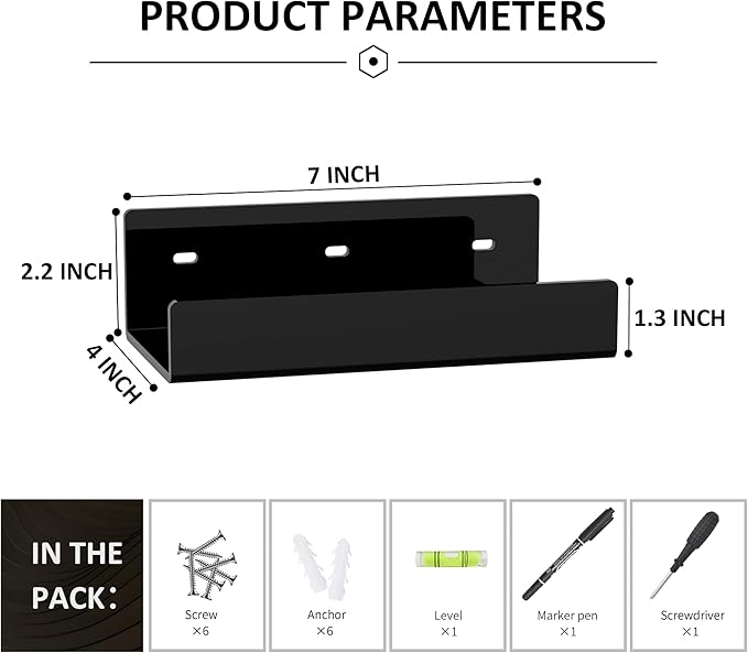 7 Inches Black Acrylic Wall Shelves for Home Décor, 2 Pack, Acrylic Dining Room Organizer Shelves for Wall, Wall Mounted Storage Display Shelf