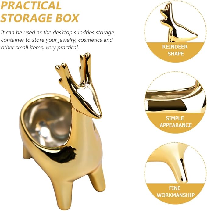 STAHAD Deer Shaped Ceramic Storage Box for Cosmetics and Jewelry, Gold Desktop Organizer Container with Lid, Decorative Holder for Makeup and Small Accessories