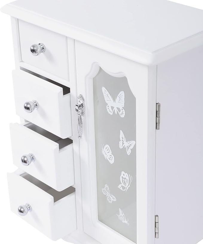 AngelcityCC White Jewelry Box Wooden Makeup and Accessories Organizer Ring Storage with 4 Drawers and Swing Door