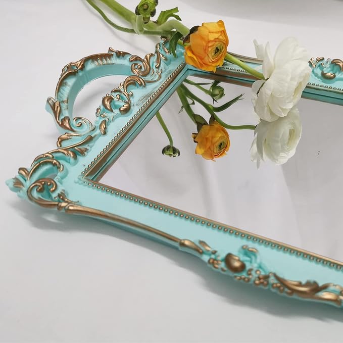 Small Rectangle Decorative Mirror Tray, French Style, Makeup Organizer, Jewelry Organizer, Serving Tray, 13"x 7.8", Golden Blue