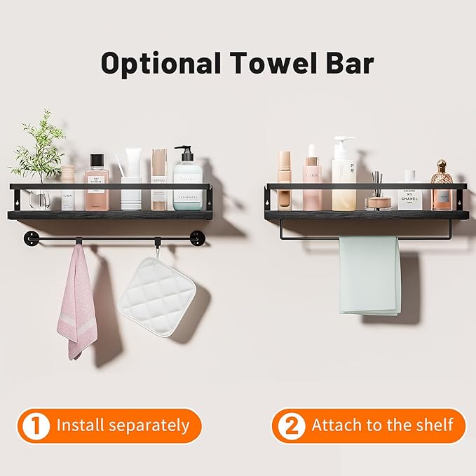 Bathroom Shelves with Towel Bar,Floating Shelves for Bathroom, Kitchen, Bedroom, Paulownia Wood, Matte Black Metal Frame - Set of 2 (Black)